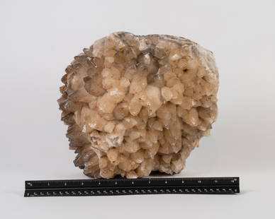 Large Calcite Formation with Black Tipped Crystals: Large calcite formation with black tipped crystals. 10" x 11" x 6". 26.2 pounds.