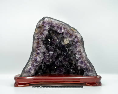 Amethyst Cathedral Geode on Wood Stand: Beautiful amethyst cathedral geode on custom wood stand. 9.75" x 12" x 7". 15.9 pounds.