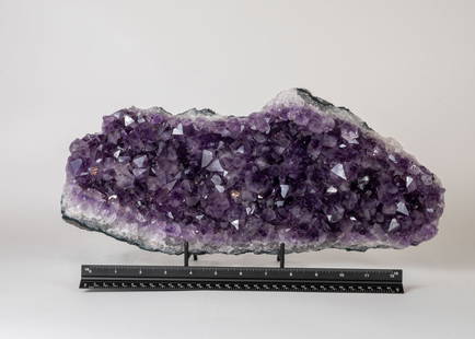 Exceptional Quality Amethyst Crystal Cluster: Exceptional quality amethyst cluster with large, dark, deep-purple crystals. 7" x 15" x 2.75". 14.5 pounds.