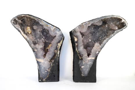 Amethyst Geode Angel Wings: Beautiful, freestanding amethyst geode angel wings with stalactites and calcite crystals. 17.75"H, 13.75"W, 5.5"D and 17.5"H, 14"W,5.5"D, respectively. 79.80 pounds total weight.