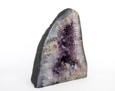 Amethyst Cathedral Geode: Amethyst cathedral geode with secondary quartz and calcite crystals. 10" x 8.5" x 6". 18.8 pounds.