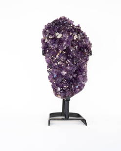 Large Top Quality Amethyst Plate on Metal Stand: Large, top-quality amethyst plate with large dark amethyst crystals with calcite nodules on black metal stand. 22" x 11" x 7." 26.15 pounds.