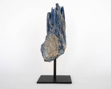 Kyanite and Quartz Cluster on Metal Stand: Kyanite and quartz cluster on black metal stand. 11" x 5" x 4." 4.10 pounds.