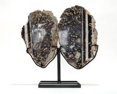 Stunning Agate Butterfly Wings on Metal Stand: Stunning, colorful agate wings on black metal stand. Deep brown and blue hues. 21" x 20.5" x 6." 25.4 pounds.