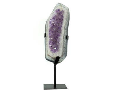 Amethyst and Agate Formation on Metal Stand: Amethyst and agate formation on black metal stand. 13.5" x 4" x 4". 9.14 pounds.