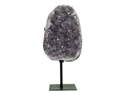 Amethyst Cluster on Metal Stand: Amethyst cluster on black metal stand. 12" x 5.5" x 4". 9.1 pounds.