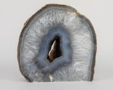 Large, Polished Agate Geode Slab: Large, thick, polished freestanding agate slab. 7.5" x 7.75" x 2.75". 10.12 pounds.