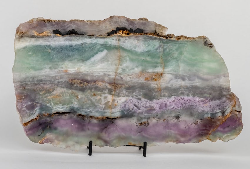 Thick Green, Purple and Pink Fluorite Slice: Green, purple and pink translucent fluorite slab sliced from a fluorite boulder. 5.75" x 10" x 1.75". 3 pounds, 3 ounces.
