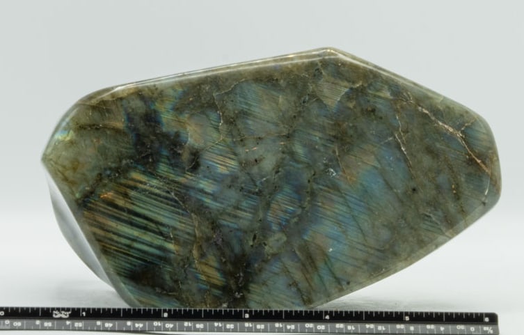 Polished Labradorite Freeform: Polished labradorite freeform from Madagascar. 6" x 3" x 3". 3 pounds, 2 ounces.