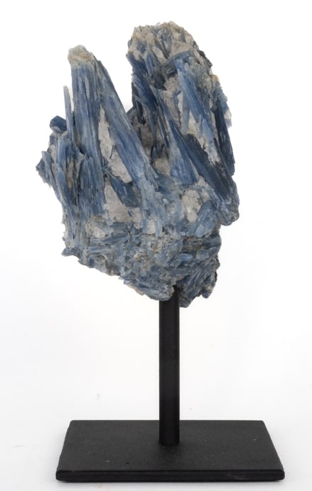 Kyanite and Quartz Cluster on Metal Stand: Kyanite and quartz cluster on black metal stand. 8.25" x 4" x 4." 3 pounds.