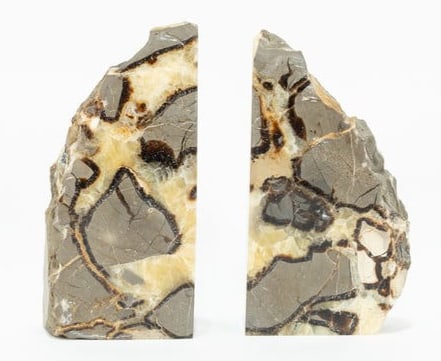 Polished Septarian Bookends: Polished septarian bookends from Madagascar. 6" x 6" x 2". 3 pounds, 13 ounces.