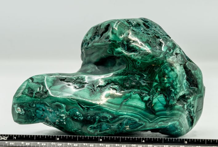 Polished Malachite Specimen: Polished bullseye malachite specimen from the DR Congo. 4.75" x 3.75" x 3.25". 2 pounds, 12 ounces.