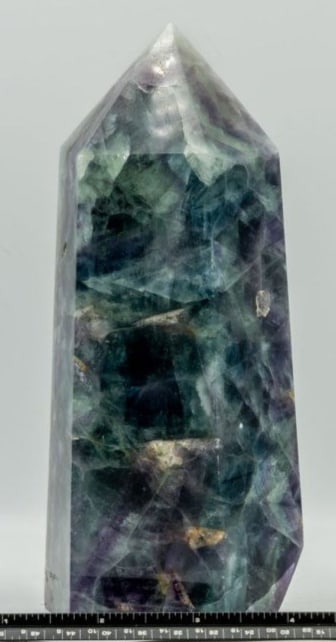 Green and Purple Fluorite Obelisk Tower: Green and purple fluorite obelisk tower. 6.75" x 3" x 2.75". 3 pounds, 5 ounces.