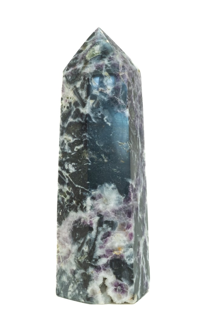 Fluorite and Druzy Obelisk Tower With Caverns: Beautiful purple, gray and white fluorite and druzy obelisk with crystallized caverns. 10” x 3” x 3”. 5 pounds, 13 ounces.