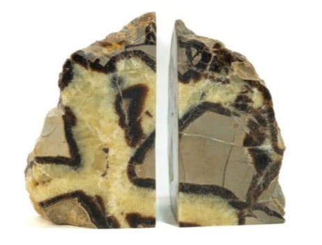 Polished Septarian Bookends: Polished septarian bookends from Madagascar. 5.5” x 6” x 2.75”. 4 pounds, 15 ounces.