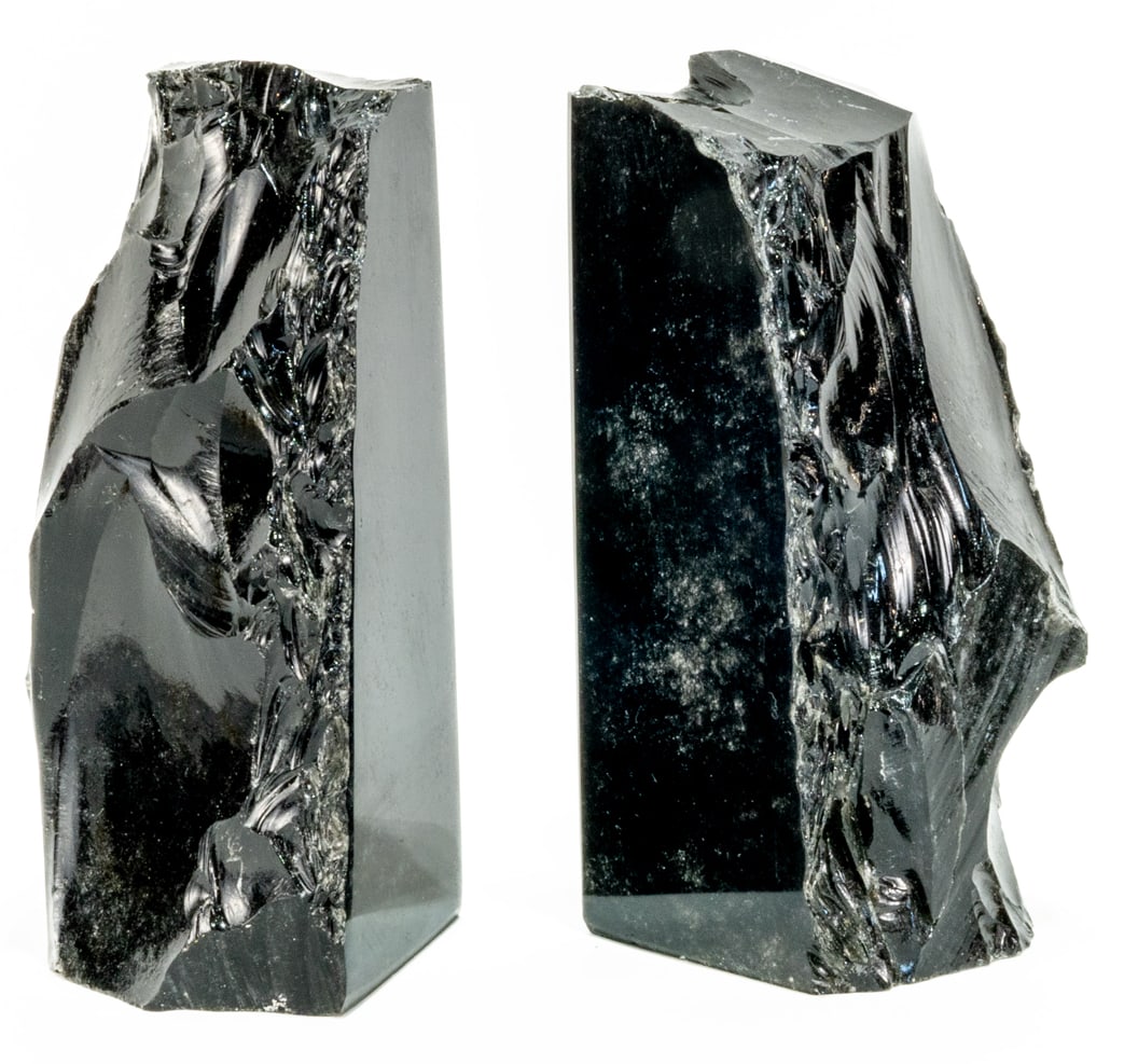 Polished Black Obsidian Bookends: Polished black obsidian bookends from Mexico. 6.25” x 5.25” x 2.5”. 5 pounds, 5 ounces.