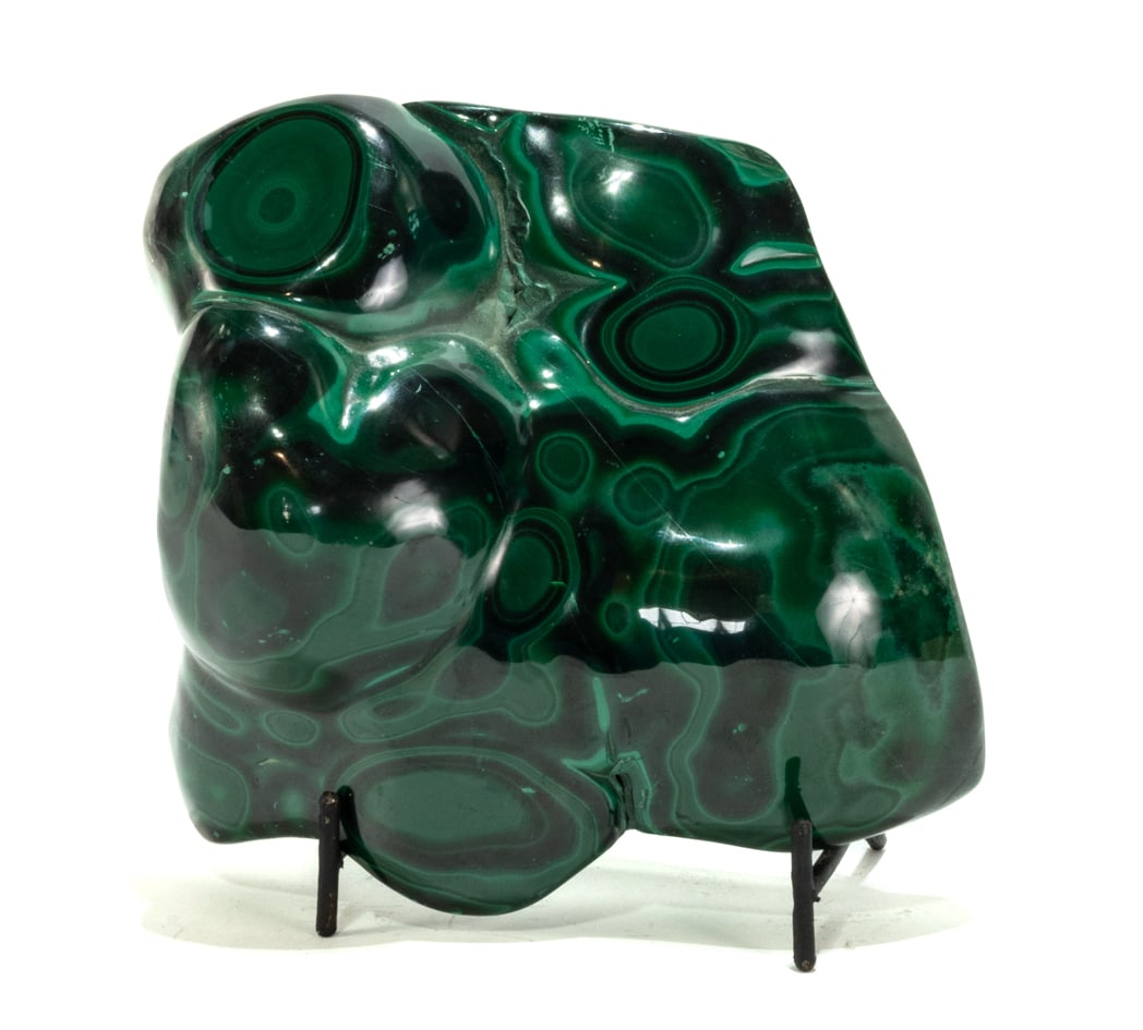 Outstanding Polished Bullseye Malachite Specimen: Large polished bullseye malachite specimen from the DR Congo. 5.5" x 5.5" x 3.5". 4 pounds, 8 ounces.
