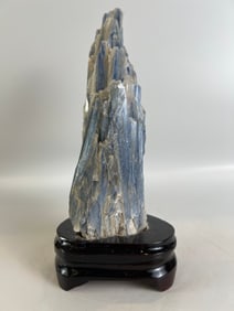 Blue Kyanite and Quartz Specimen on Wood Stand