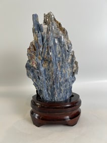 Blue Kyanite and Quartz Specimen on Wood Stand