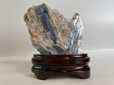 Blue Kyanite and Quartz Specimen on Wood Stand