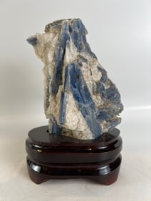 Blue Kyanite and Quartz Specimen on Wood Stand