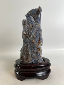 Blue Kyanite and Quartz Specimen on Wood Stand