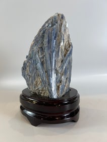Blue Kyanite and Quartz Specimen on Wood Stand