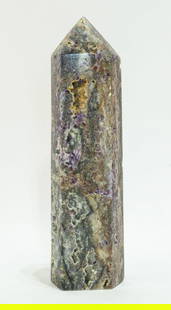 Fluorite and Druzy Obelisk With Caverns: Beautiful purple, orange, gray and white fluorite and druzy obelisk with crystallized caverns. 10” x 2.25" x 2.75". 4 pounds, 1 ounce.