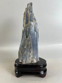 Blue Kyanite and Quartz Specimen on Wood Stand