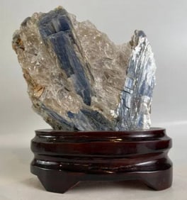 Blue Kyanite and Quartz Specimen on Wood Stand