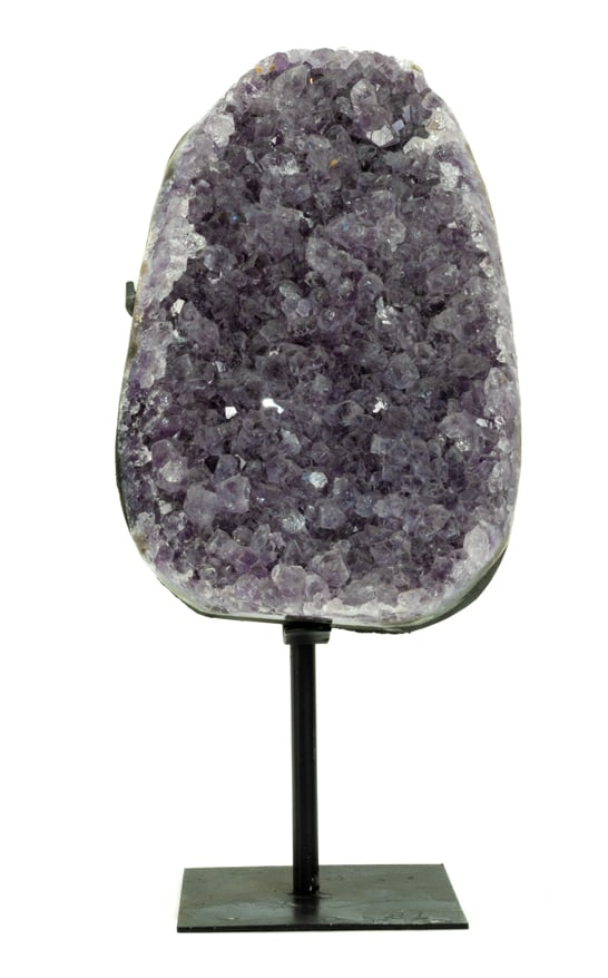 Amethyst Cluster on Metal Stand: Amethyst cluster on black metal stand. 12" x 5.5" x 4". 9 pounds, 1 ounce.