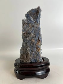 Blue Kyanite and Quartz Specimen on Wood Stand