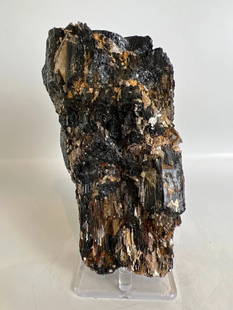 Black Tourmaline and Golden Mica Formation: Black tourmaline and golden mica formation. 6" x 3.25" x 2". 2 pounds, 3 ounces.