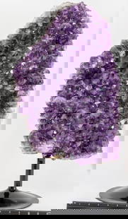 Huge Amethyst Plate on Stand: Huge amethyst plate with large crystals on black metal stand. 24" x 13" x 6". 47 pounds, 14 ounces.