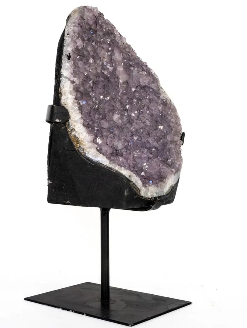 Amethyst Cluster on Metal Stand: Amethyst cluster on black metal stand. 12.5" x 7" x 5.75". 10 pounds, 6 ounces.