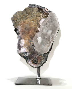 Amethyst and Selenite Formation on Custom Stand: Large amethyst plate with huge selenite crystal protrusion on custom steel stand. A rare and unique piece. 20.75" x 13" x 10". 57 pounds.
