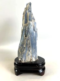 Blue Kyanite and Quartz Specimen on Wood Stand