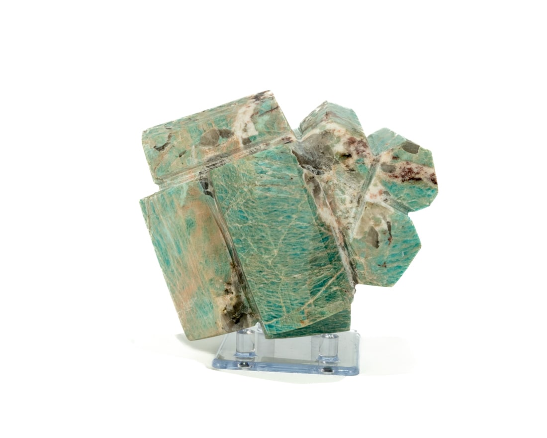 Polished Amazonite Crystals in Matrix: Polished amazonite crystals in matrix. 6" x 5.5" x 3.5". 4 pounds, 10 ounces.