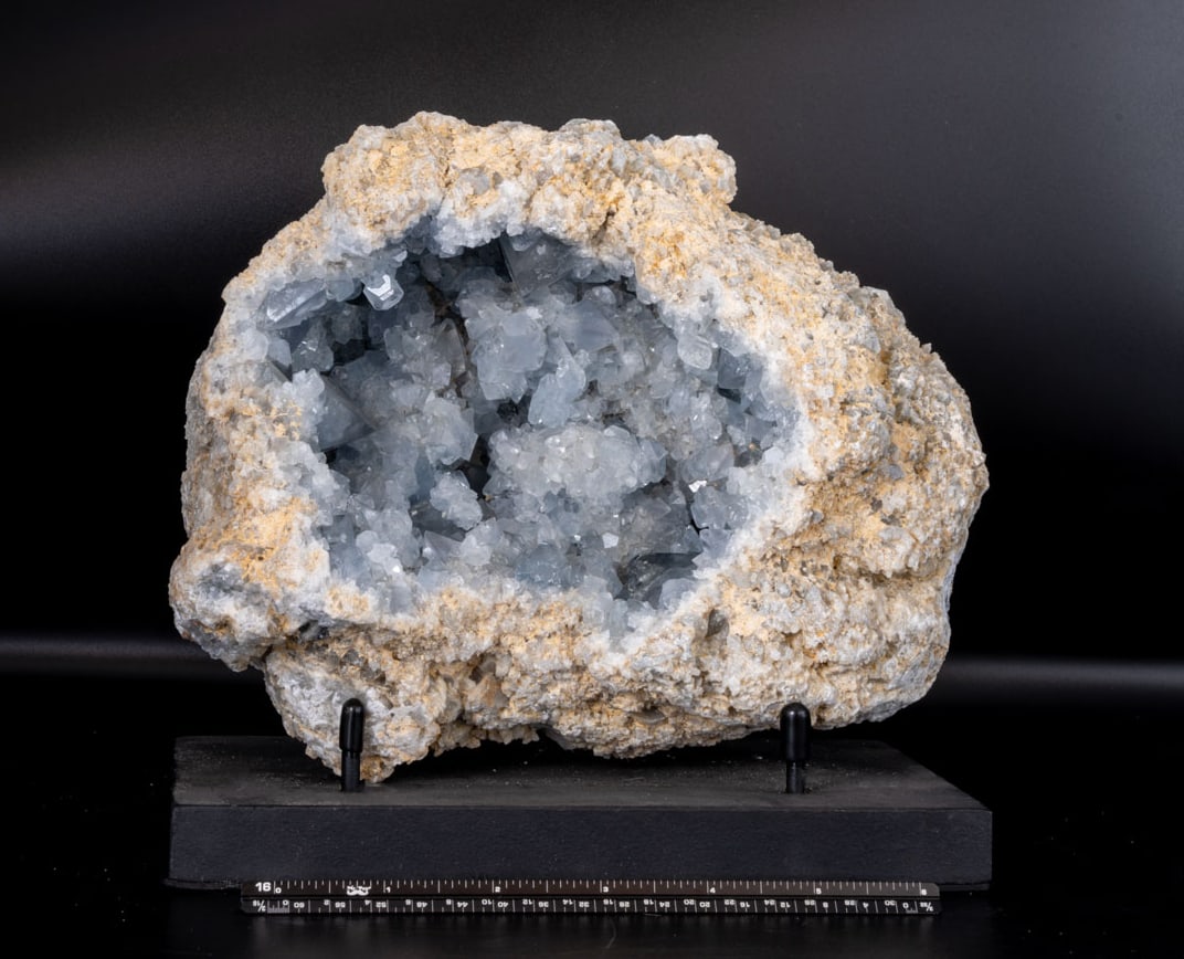 Celestite Geode with Large Crystals: Celestite geode with large blue crystals from Madagascar. 7.25" x 8" x 4". 11 pounds, 4 ounces.