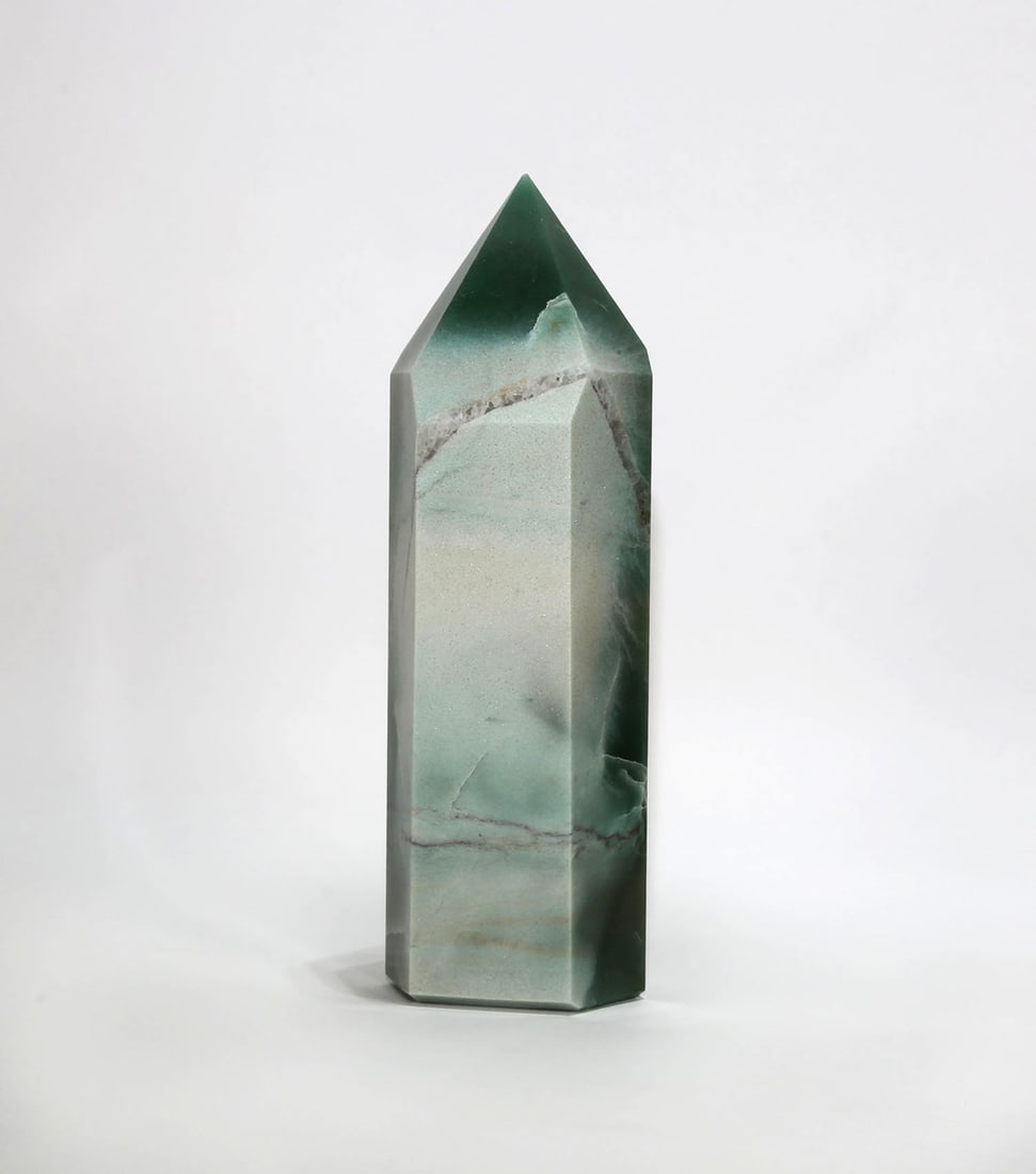 Green Aventurine Obelisk: Polished green aventurine obelisk. 11.5” x 3.5” x 3.25”. 8 pounds, 3 ounces.