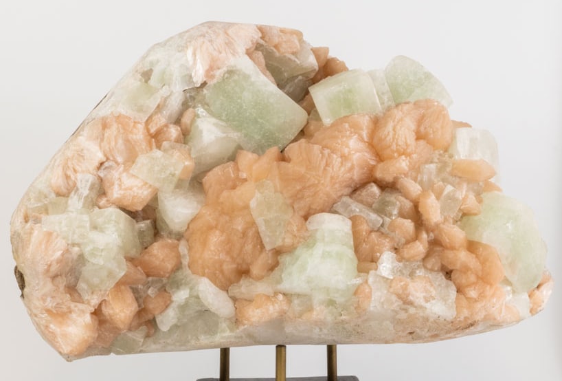 Massive Green Apophyllite and Stilbite Crystal Geode: Massive green apophyllite and stilbite formation with blocky green apophyllite crystals from Maharashtra, India. 11" x 18" x 8". 64 pounds, 13 ounces.