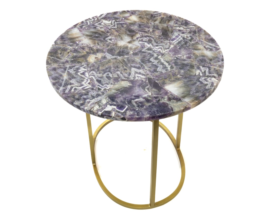 Inlaid Amethyst Side Table: Inlaid amethyst side table. Base is iron with a rich brass finish. 16.5" x 18" x 18". 20 pounds, 2 ounces.