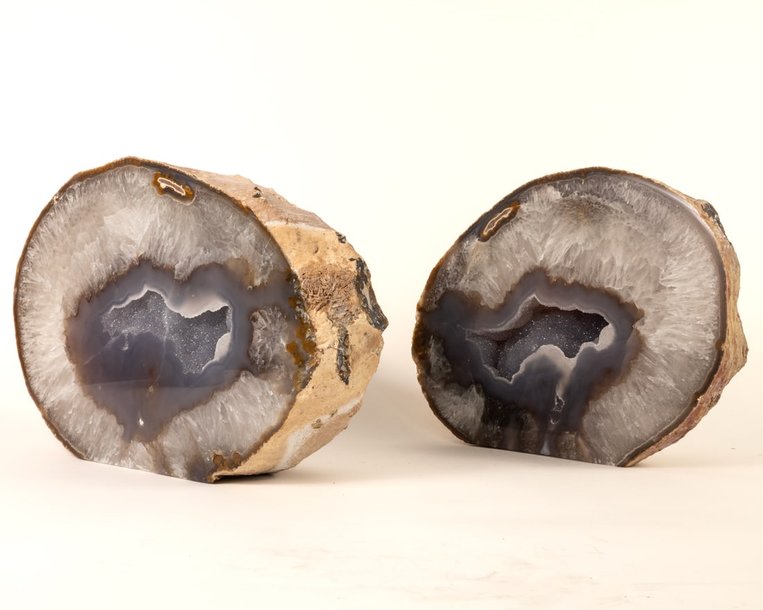 Huge Polished Blue Agate Geode Set: Huge blue agate geode, split into halves and polished. Side one is 10" x 12.75" x 4" and 23 pounds, 14 ounces. Side two is 10" x 14" x 3.75" and 32 pounds, 10 ounces.