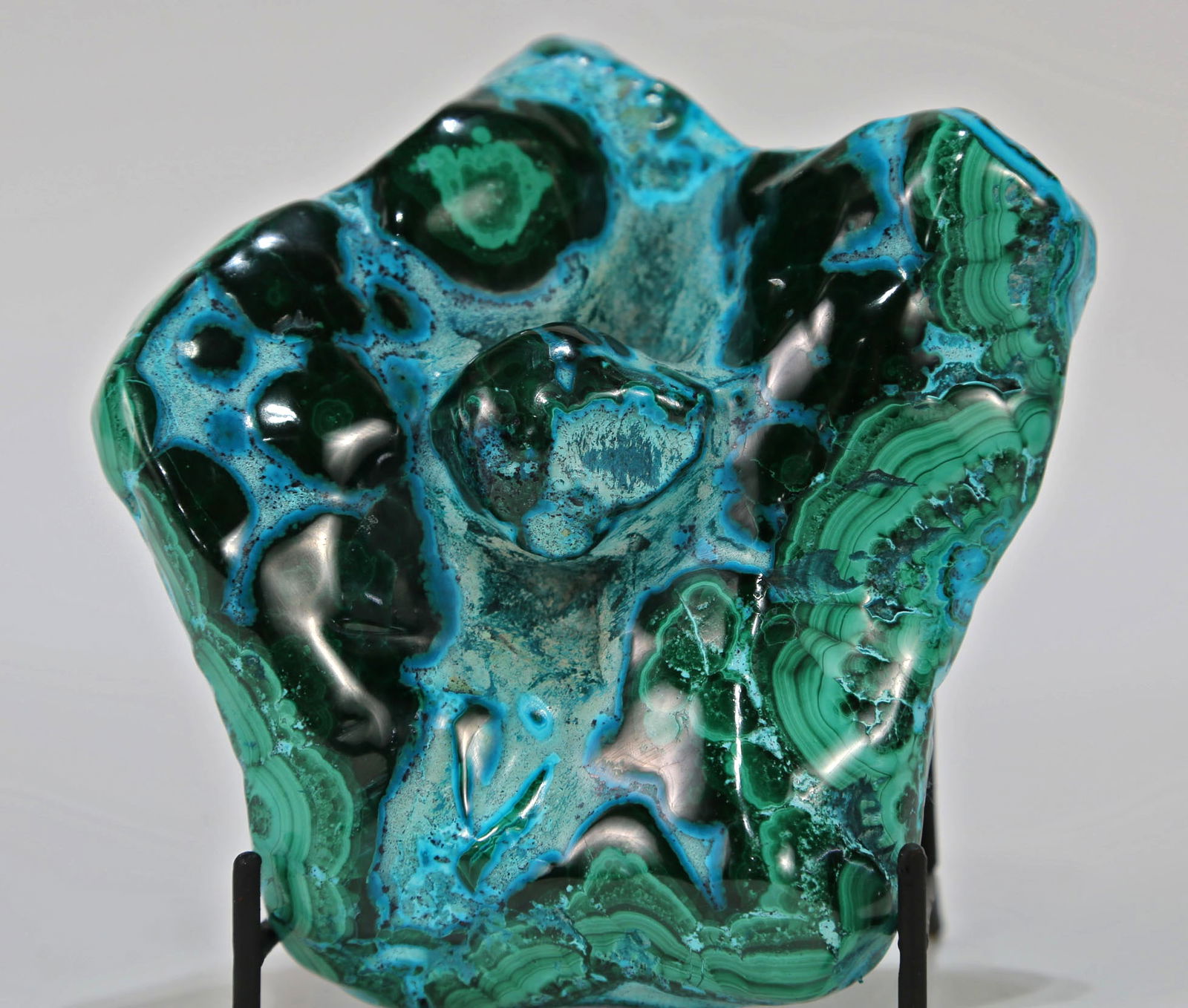 Polished Malachite and Chrysocolla Specimen: Beautiful polished malachite and chrysocolla specimen from the DR Congo. 4.5" x 5” x 3”. 2 pounds, 4 ounces.