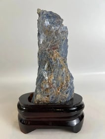 Blue Kyanite and Quartz Specimen on Wood Stand