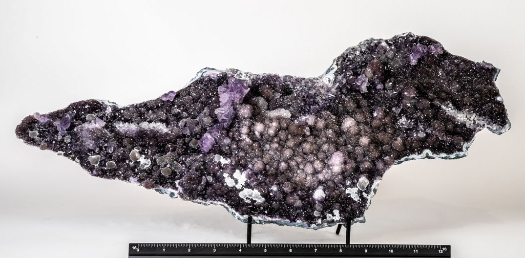 Large Amethyst Flower Plate: Breathtaking, large amethyst flower plate with secondary quartz and amethyst protrusions. 9" x 22.5" x 1.5". 6 pounds, 7 ounces.