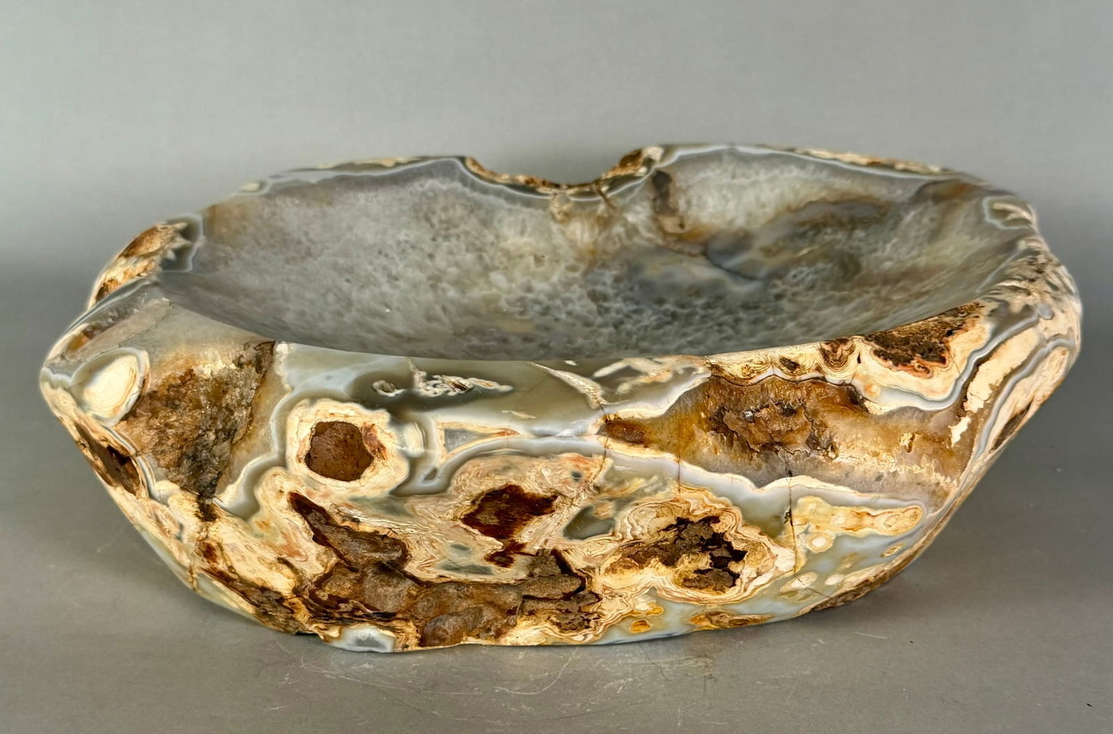 36 Pound Agate Bowl: Large and heavy agate bowl. Natural crack on top of bowl. 15” x 13” x 4”. 36 pounds, 6 ounces.