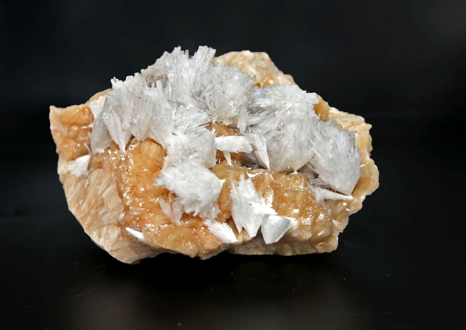 Stilbite Geode With Scolecite Flowers: Beautiful stilbite geode with scolecite flowers from the Nasik District, Maharashtra, India. 6” x 8” x 4”. 5 pounds, 11 ounces.