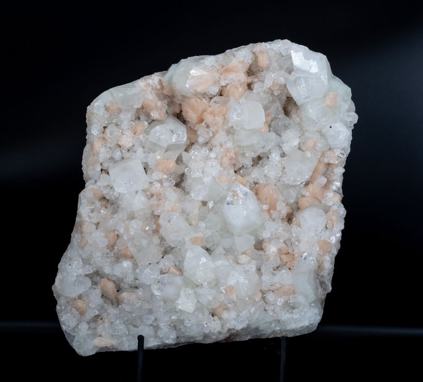 Clear Apophyllite and Peach Stilbite Cluster: Clear apophyllite and peach stilbite cluster from Maharashtra, India. 8.25" x 9.5" x 4.25". 11 pounds.