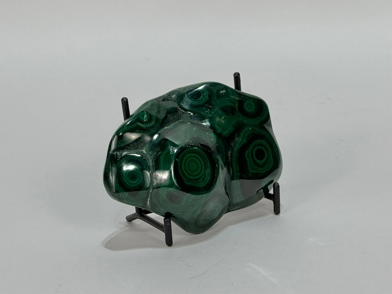 Small Polished Bullseye Malachite Specimen: Small polished bullseye malachite specimen from the DR Congo. 3” x 3.5” x 1”. 12 ounces.